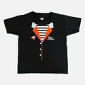 Black Buzz the Bandleader t-shirt with a graphic design of a striped shirt and orange vest on a white background