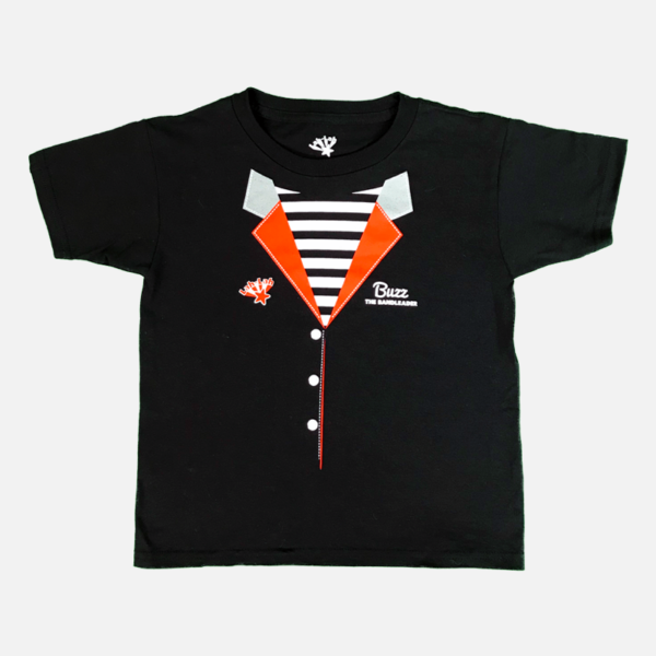 Black Buzz the Bandleader t-shirt with a graphic design of a striped shirt and orange vest on a white background