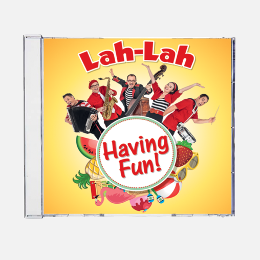 CD cover of 'Lah-Lah Having Fun!' with colorful illustration and text on a yellow background