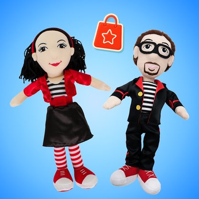 Two dolls, one female and one male, dressed in red and black outfits with a shopping bag icon above them on a blue background.