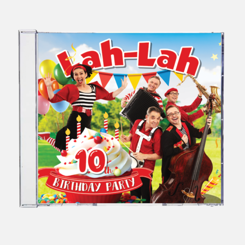 CD cover for 'Lah-Lah Birthday Party' celebrating a 10th anniversary with colorful graphics and characters.