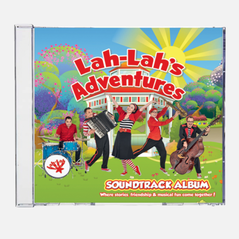 CD cover of 'Lah-Lah's Adventures Soundtrack Album' with colorful illustration of characters and instruments.