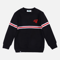Black Lah-Lah sweater with red and white stripes on a light gray background