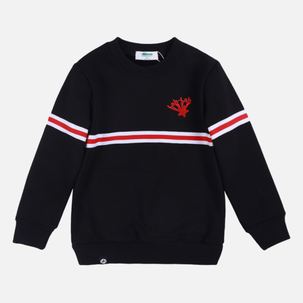 Black Lah-Lah sweater with red and white stripes on a light gray background