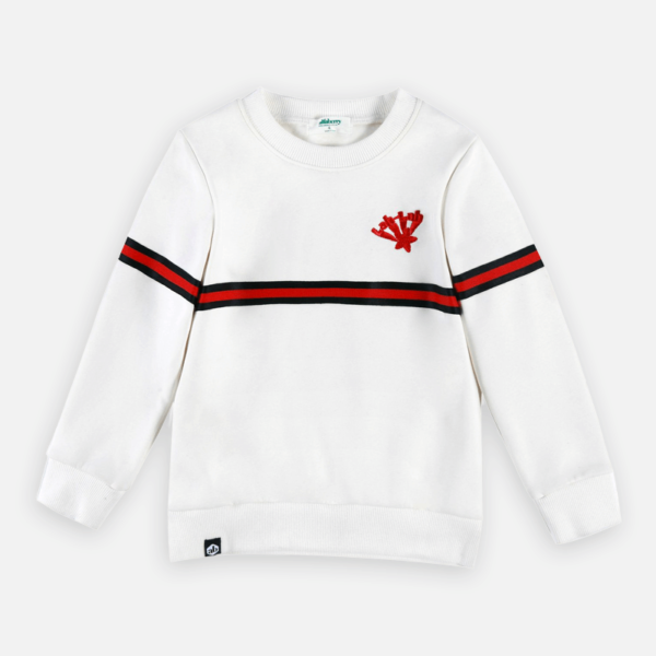 White long-sleeve sweater/jumper with red and black accents on a white background