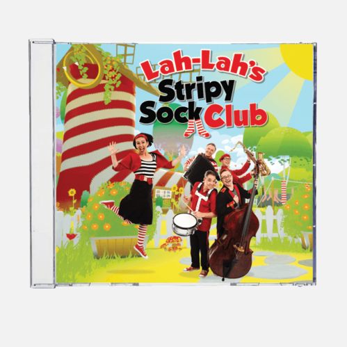 CD cover of 'Lah-Lah's Stripy Sock Club' with colorful illustration of characters and instruments.