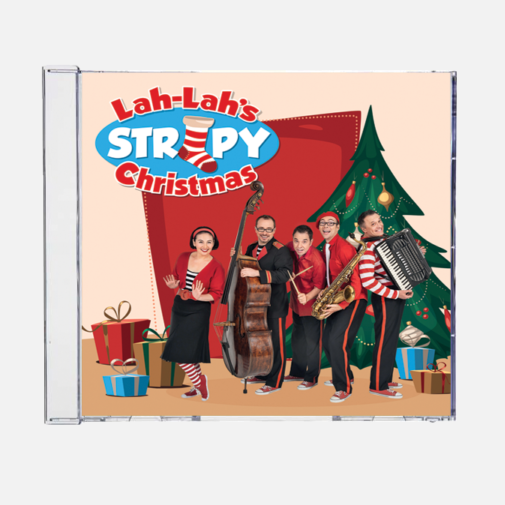 CD cover of 'Lah-Lah's Stripy Christmas' with a festive illustration of people playing instruments and a Christmas tree.