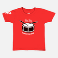 Red Tom Tom t-shirt with a drum graphic and text on a white background