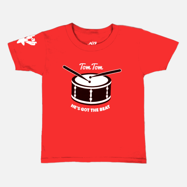 Red Tom Tom t-shirt with a drum graphic and text on a white background