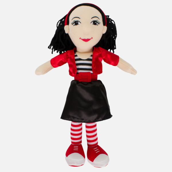 Lah-Lah plush doll with black hair, red jacket, black skirt, and striped socks